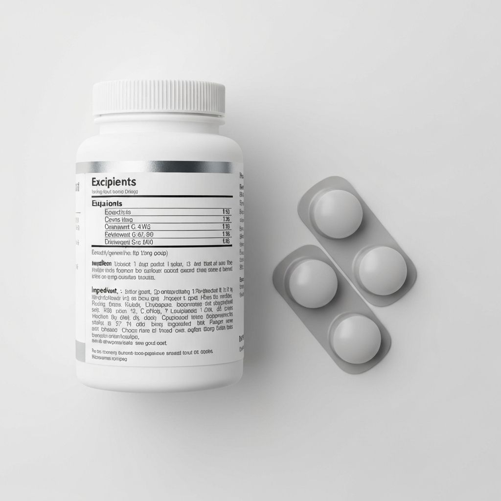 Label text showing excipient section with binders and flow agents